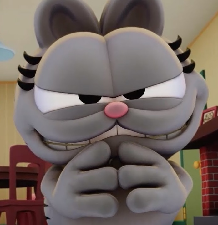 Close-up of a mischievous-looking gray Garfield, rendered in a 3D style